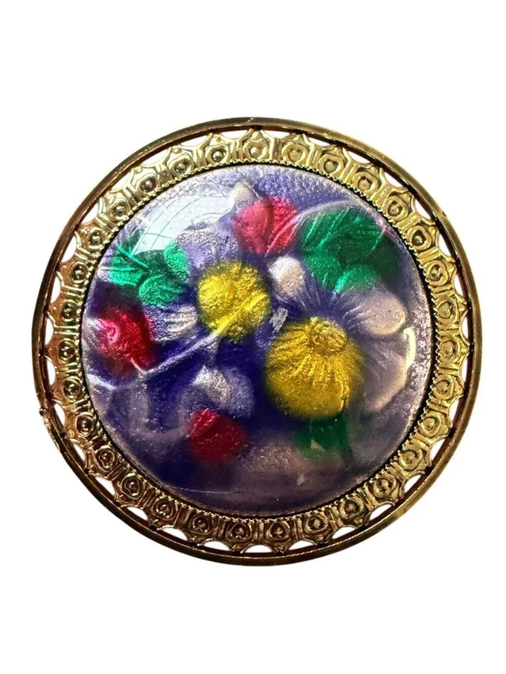 Vintage Reverse Carved Lucite Brooch Gold Tone Floral Pin‎ 1950s New Old Stock